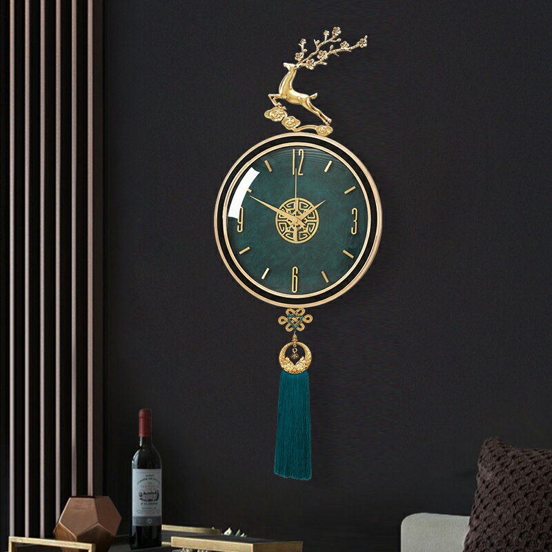 輕奢裝飾掛鐘新中式黃銅福鹿客廳鐘表靜音金屬墻壁玄關創意時鐘