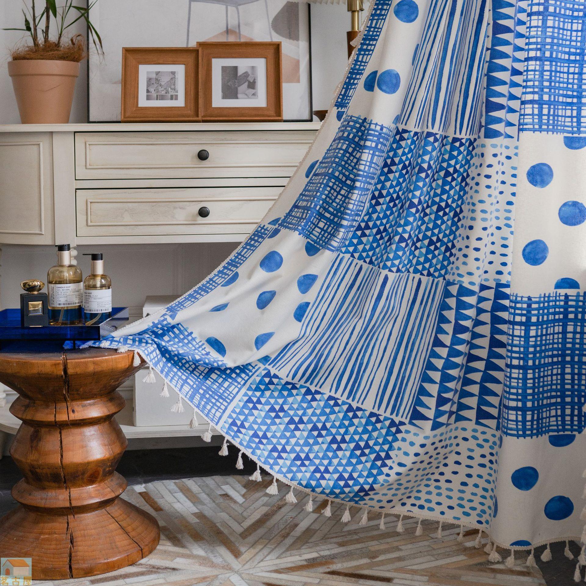 窗簾波西米亞風格藍色幾何拼接印花窗簾成品廚房簾飄窗