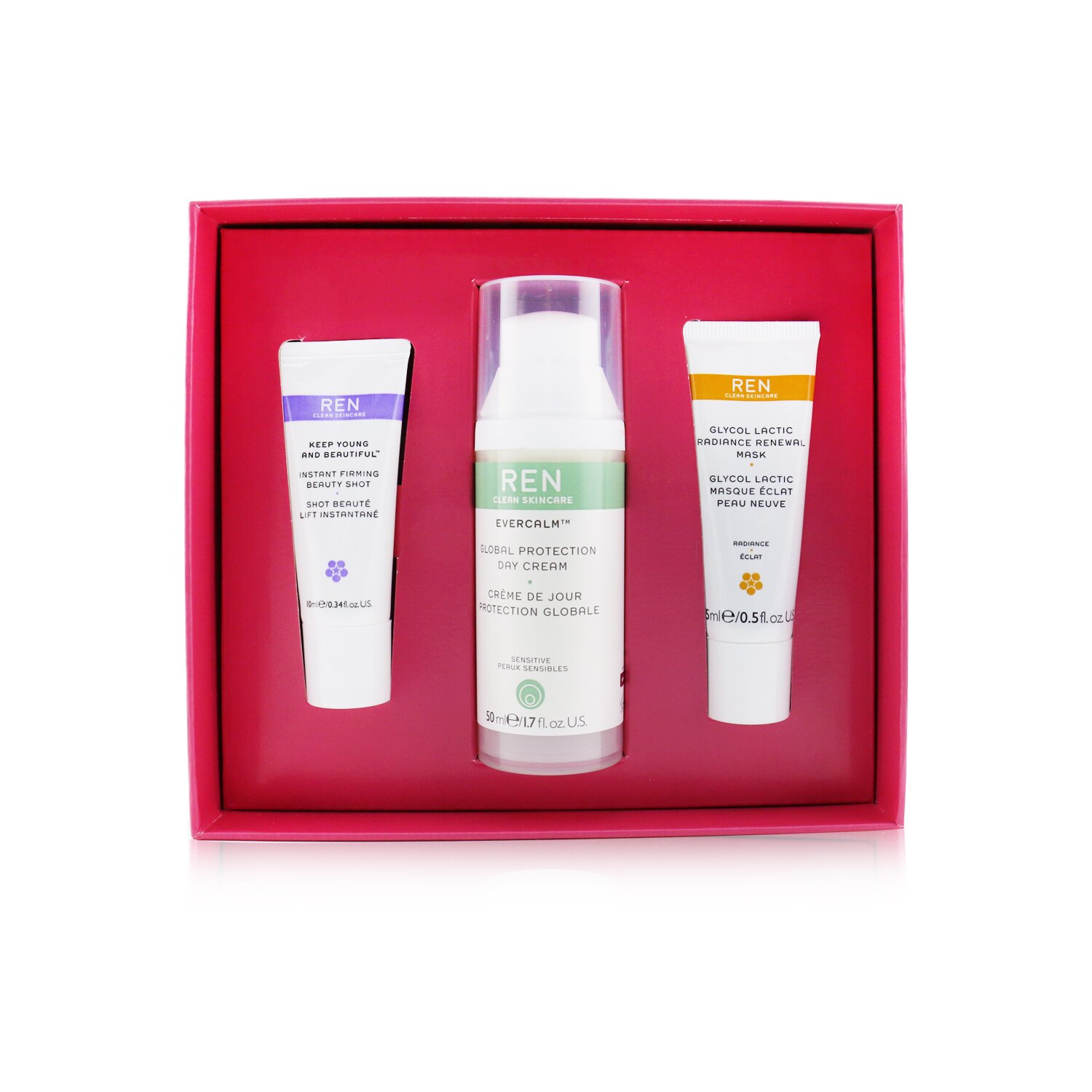 任 Ren - Face Favourites套裝：乙二醇Latic面膜15ml + Evercalm日霜50ml +keep Young & Beautiful Beauty Shot 10ml