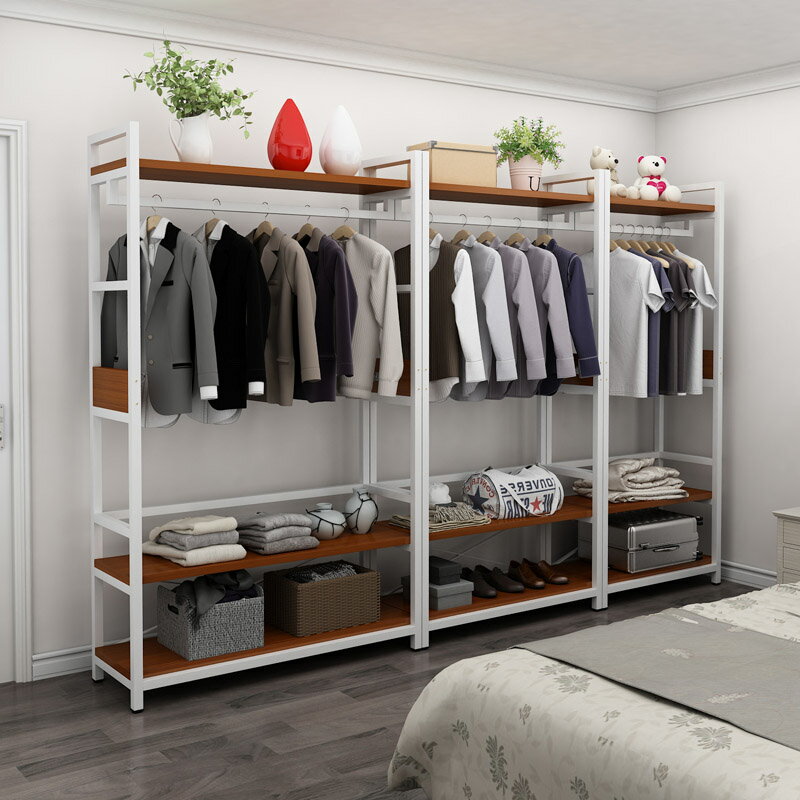 衣帽架家用簡易臥室落地掛衣架子客廳簡約現代創意鐵藝衣柜實木質