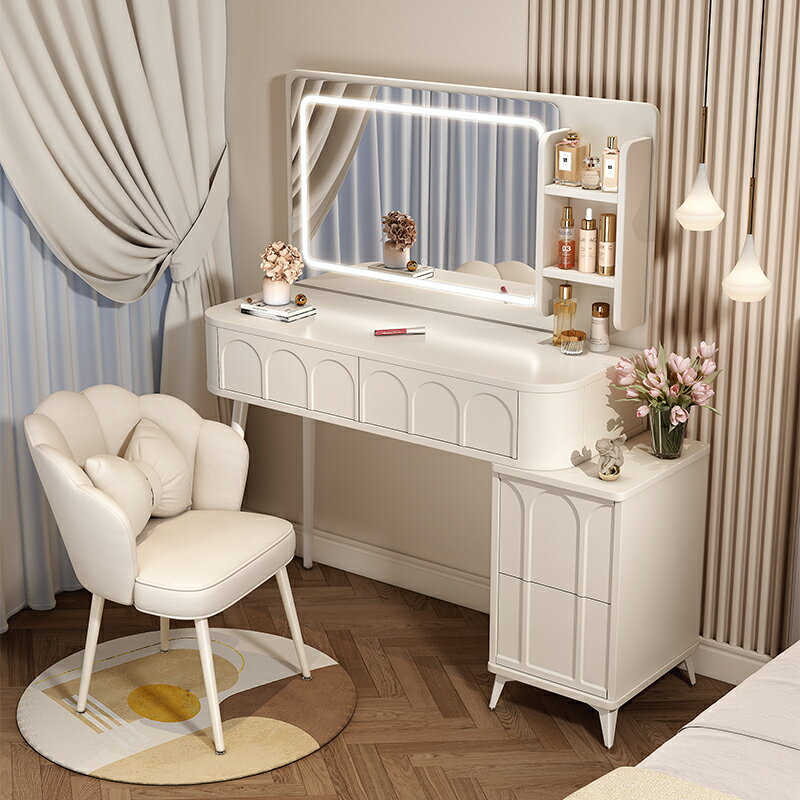 奶油風梳妝臺臥室現代簡約小戶型化妝桌床頭收納斗柜書桌鏡子一體
