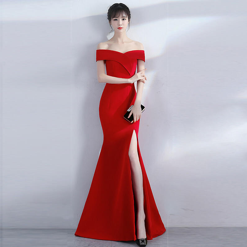 晚禮服女新款魚尾長款結婚宴會開叉連衣裙性感優雅一字肩禮服