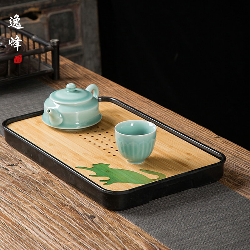 逸峰竹制茶盤托盤瀝水木制長方形雙層北歐簡約家用實木小茶臺茶海