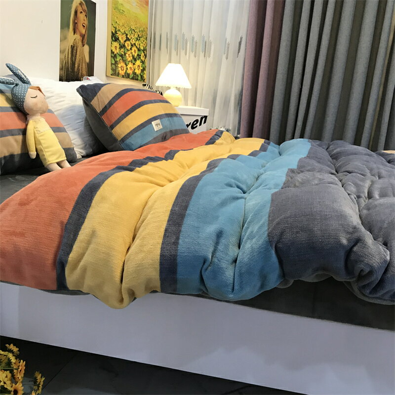 被單 床包 床罩 彩條紋冬季加厚牛奶絨四件套珊瑚絨雙面絨法蘭絨床單被套刷毛保暖『cyd19665』