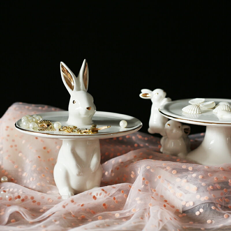 北歐網紅創意兔子陶瓷碗蛋糕首飾托盤現代輕奢裝飾擺件結婚禮物