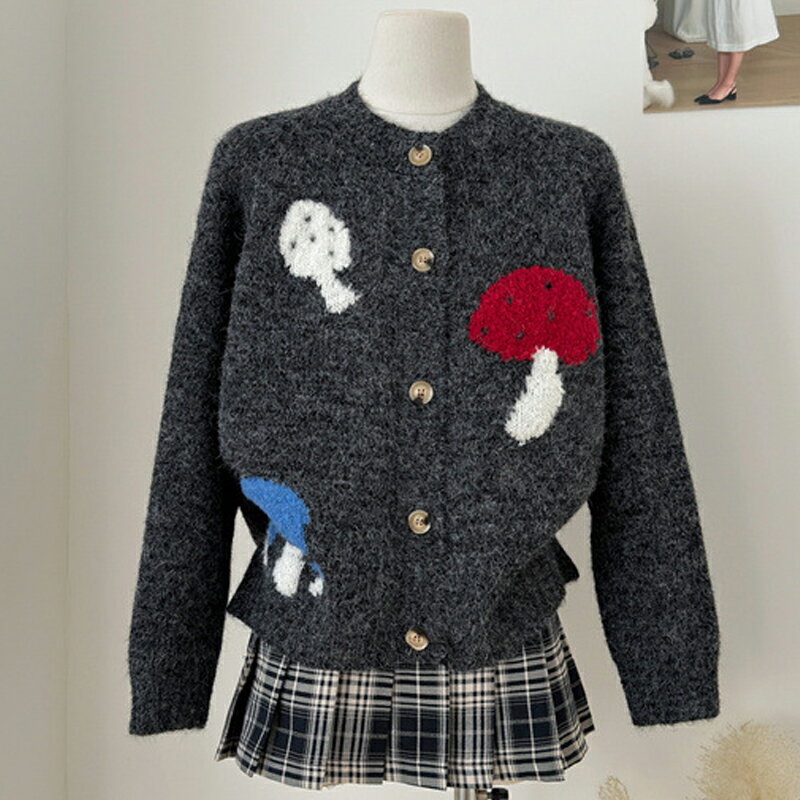 【巴黎精品】現貨+預購 法式針織外套寬鬆上衣針織衫毛衣大碼百搭休閒女裝-卡通蘑菇刺繡女外套2色a1lg38