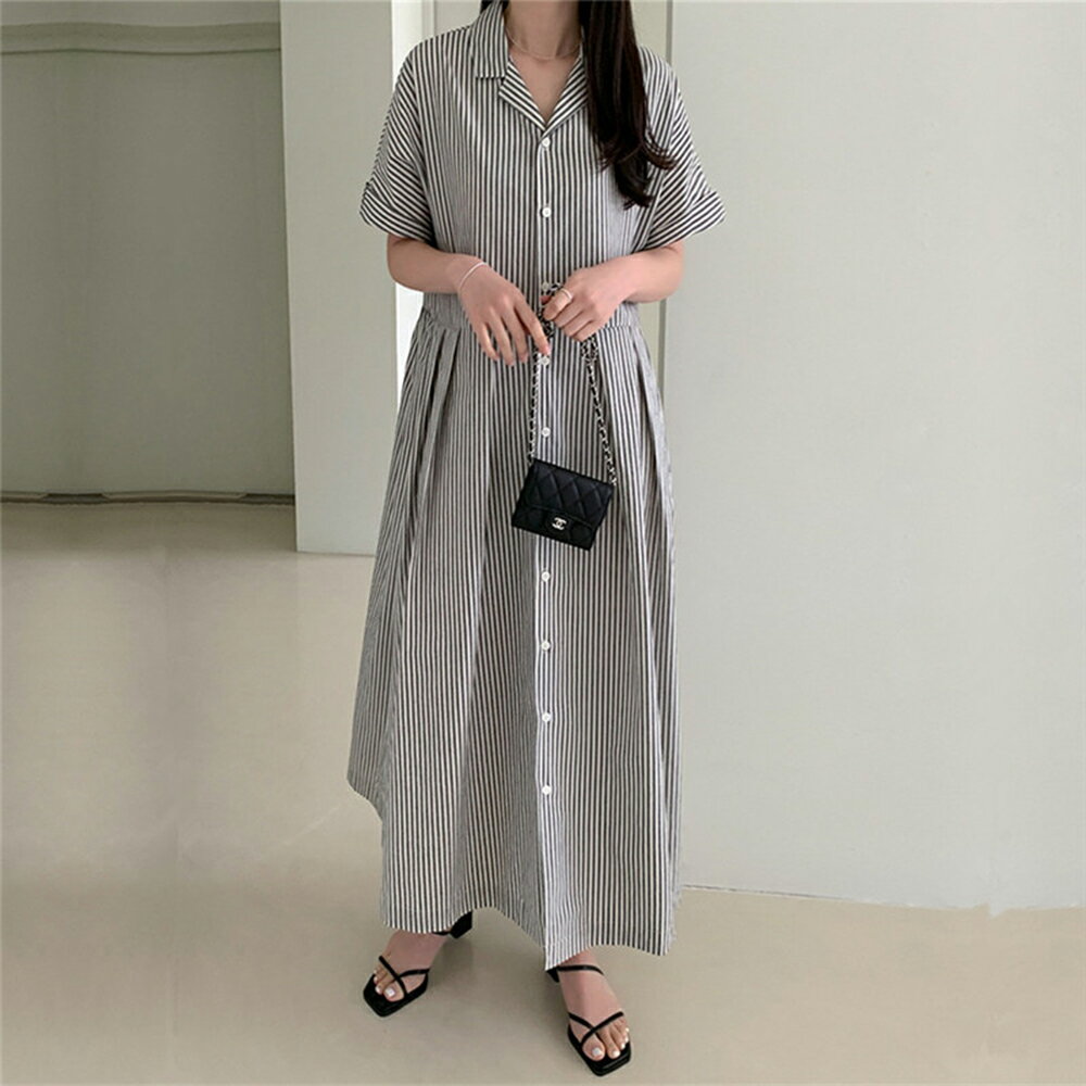 ＊ORead＊單排扣百褶條紋大擺連身裙(黑色M~2XL)