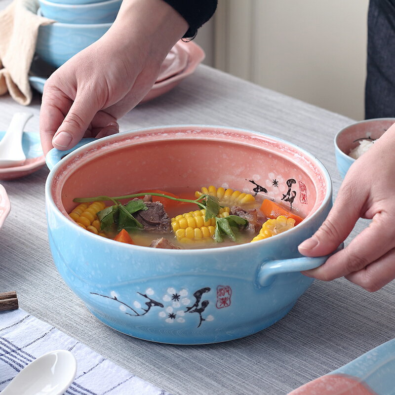 景德鎮陶瓷骨瓷家用雙耳大號湯鍋煲湯碗帶蓋湯盆日式手繪創意餐具