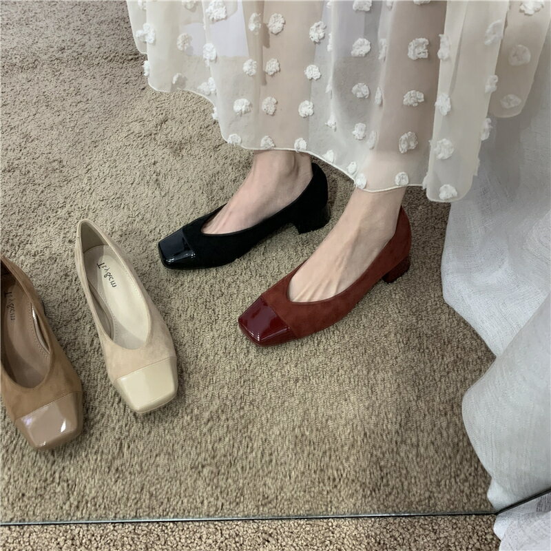 設計感小眾高跟鞋氣質法式復古方頭中跟絨面春夏四季單鞋女鞋春鞋