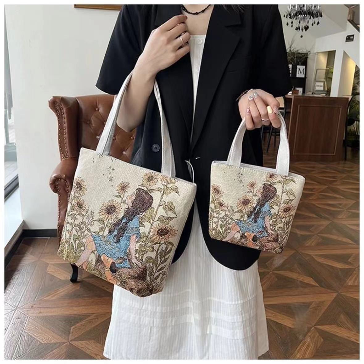 民族風收納包雙面刺繡手提包手拎外出手機零錢包隨身包上班小拎包-享樂