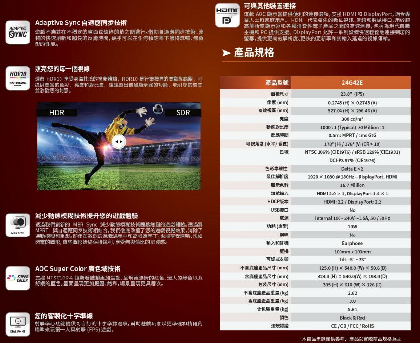 AOC 24G42E 23.8吋 螢幕 IPS 180Hz 0.5ms 電競螢幕 電腦螢幕 5