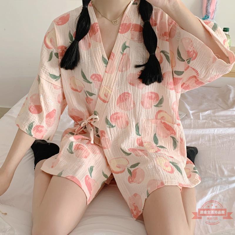 日系純棉雙層紗布和服睡衣女士夏季短袖汗蒸服甜美少女大碼家居服
