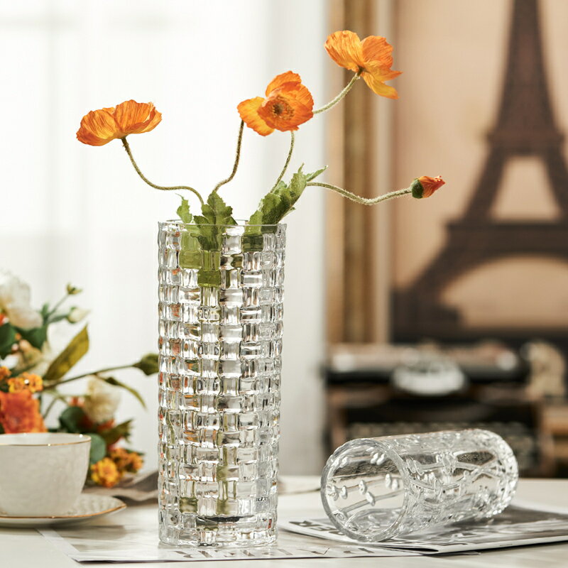歐式直筒藤編透明加厚玻璃花瓶 百合富貴竹水培客廳餐桌擺件裝飾