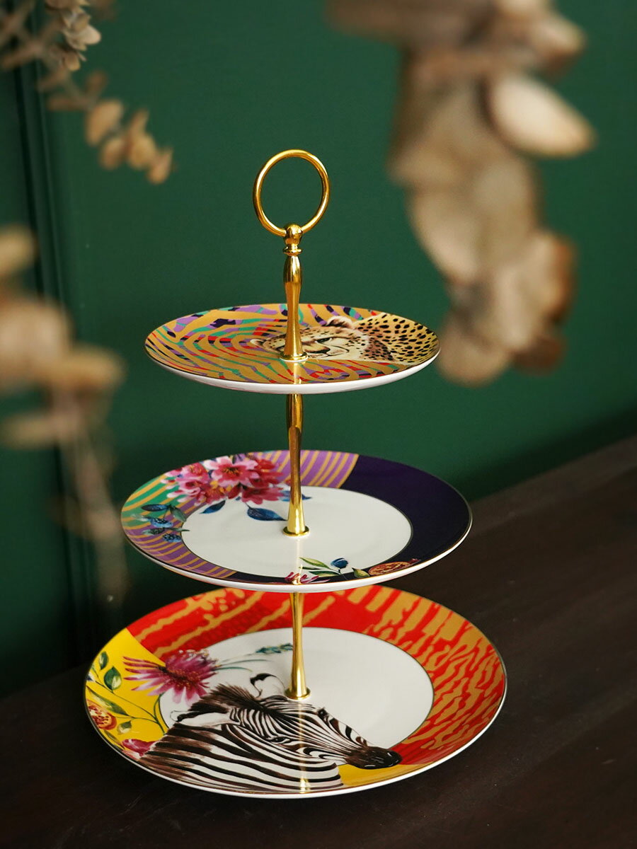 費靈家居陶瓷動物花卉圖案 輕奢下午茶三層蛋糕盤下午茶果盤擺盤