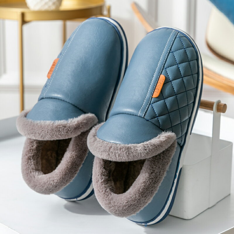 男士棉拖鞋冬季室內包跟冬天保暖PU皮面防水居家用跟棉鞋包腳跟女