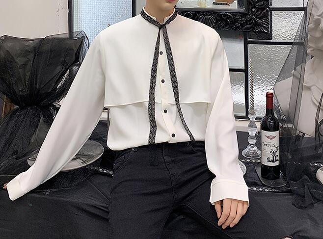 FINDSENSE 品牌 2019 春季 新款 寬鬆 潮流 個性 社會 男青年長袖 小領結 免燙 襯衫 復古 氣質