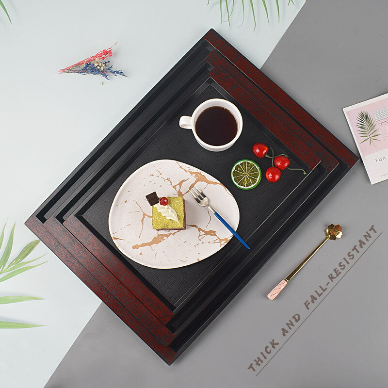 日式木紋防滑托盤長方形酒店水杯茶盤塑料食堂快餐店上菜端菜盤子