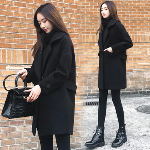 冬季新款韓版時尚寬松顯瘦黑色呢子大衣中長款羊毛呢外套女潮1入