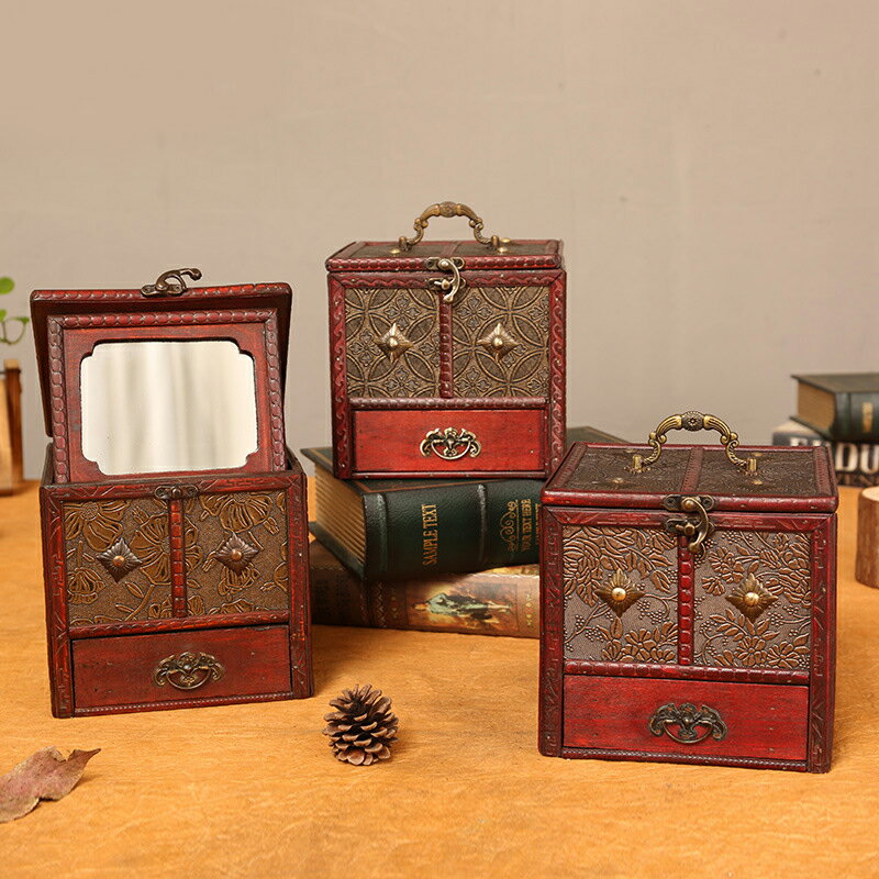 古風首飾箱仿古做舊梳妝盒珠寶首飾木盒桌面化妝盒收納盒雙層首飾