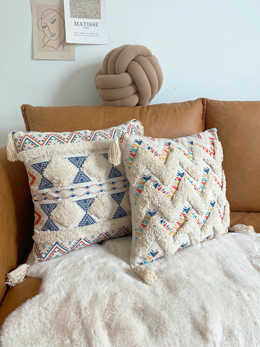 北歐摩洛哥抱枕套 編織流蘇裝飾客廳沙發靠墊 米白色民宿床頭枕頭 廚房小物 居家小物 家飾