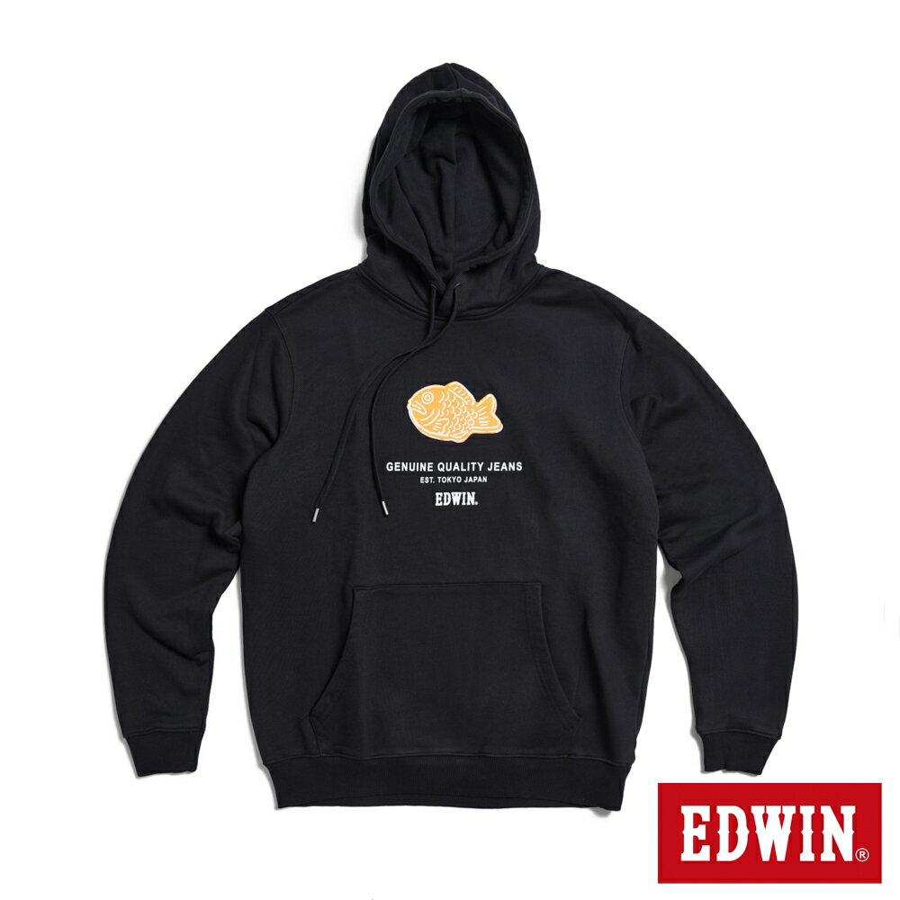 EDWIN 男女款 東京散策系列 鯛魚燒連帽長袖T恤(黑色)
