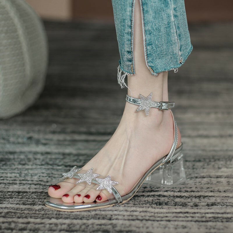 仙女風時裝鞋夏季新款網紅一字帶中跟粗跟涼鞋女水鉆高跟鞋潮