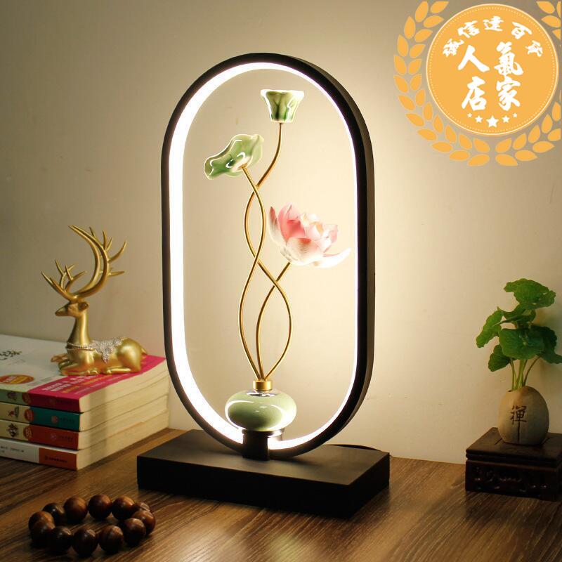 居家擺飾 新中式檯燈臥室床頭燈禪意茶桌創意遙控蓮花智能荷花擺件ins少女