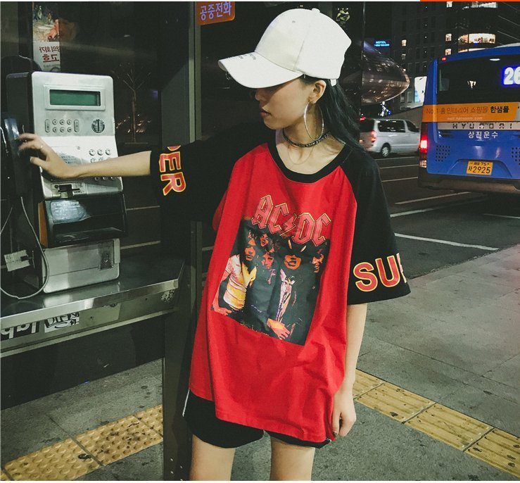 FINDSENSE H1 2018 韓國 嘻哈人物印花 拼接色 女T恤 寬松百搭 大碼短袖 圓領 女上衣潮