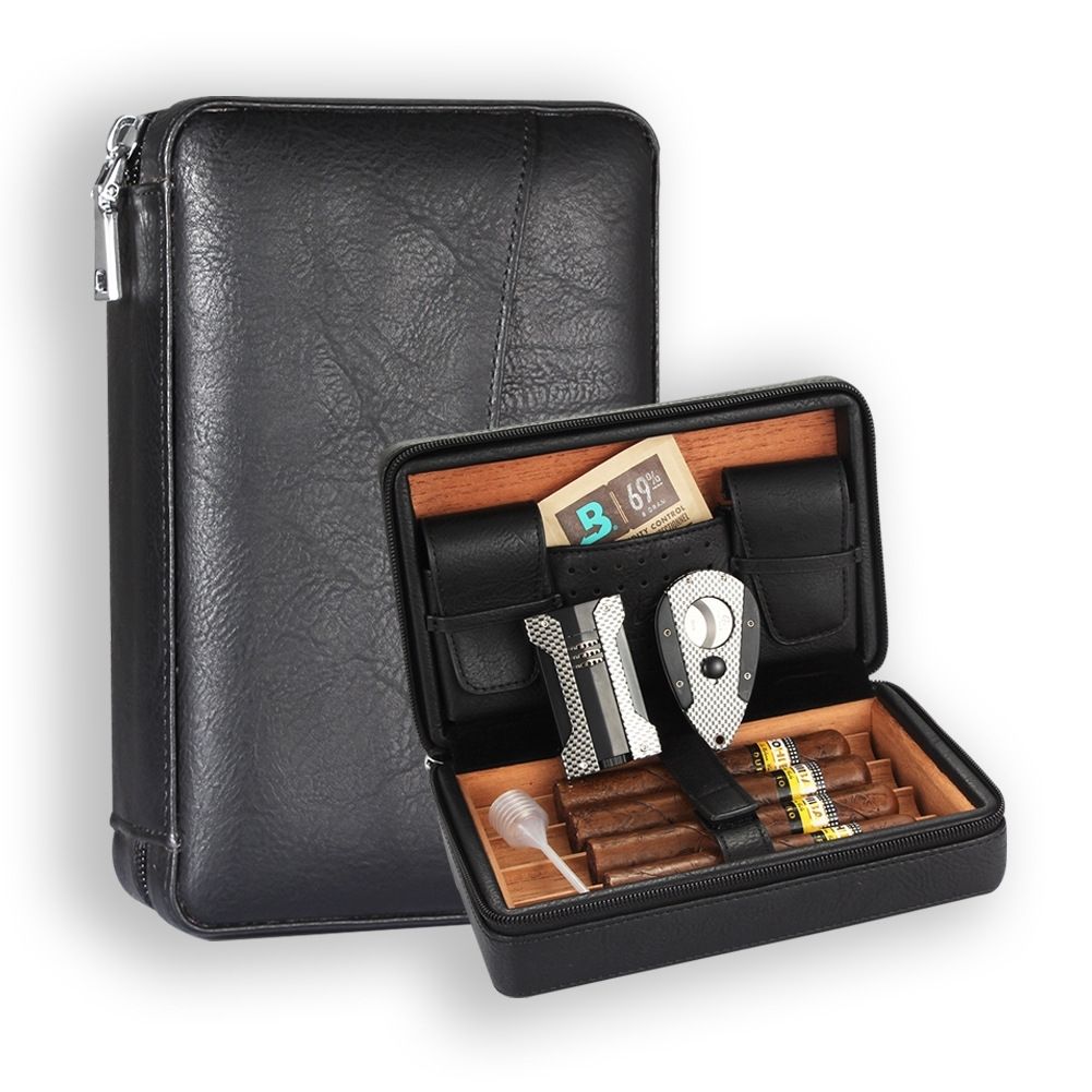 雪茄收納箱 雪茄包 碳纖維雪茄剪打火機套裝雪茄盒 套裝內襯雪松木保濕煙盒 隨身便攜包