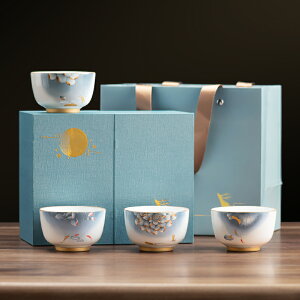 陶瓷品茗杯禮盒套裝手繪荷花描金伴手禮復古功夫茶具茶盞陶瓷茶杯