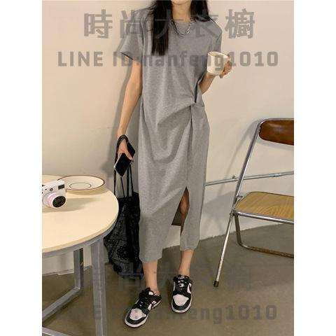 短袖t恤裙連身裙女 慵懶風側開叉休閒顯瘦長裙子【 大衣櫥】