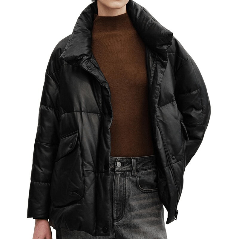 【紐約精品】 現貨+預購 真羊皮白鵝絨羽絨皮衣秋冬外套寬鬆休閒女裝-立領大口袋女外套2色n1ml45