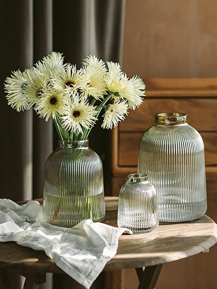 南十字星 輕奢金色豎紋透明玻璃花瓶客廳水培花器插花裝飾擺件小