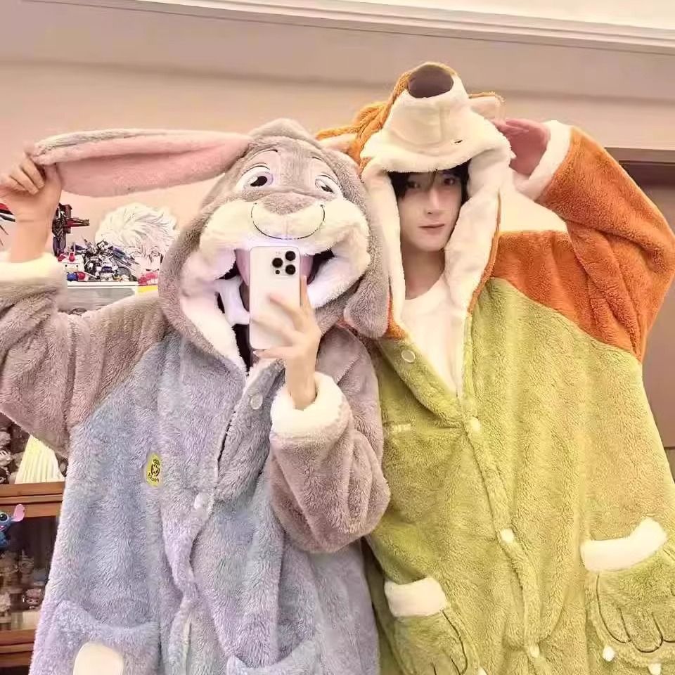 瘋狂動物城情侶睡衣女秋冬珊瑚絨加厚尼克朱迪男卡通可愛連體睡袍