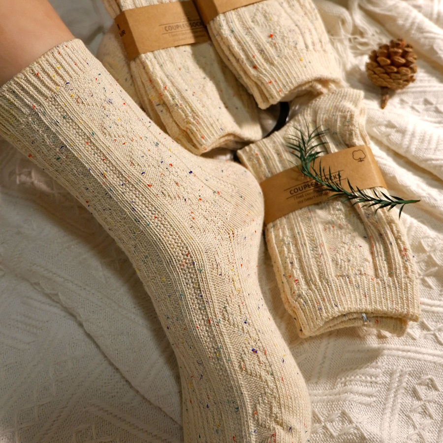 襪子女保暖日系針織點子紗全棉純棉粗線加絨加厚女士中筒襪潮秋冬新款【聚宝屋】