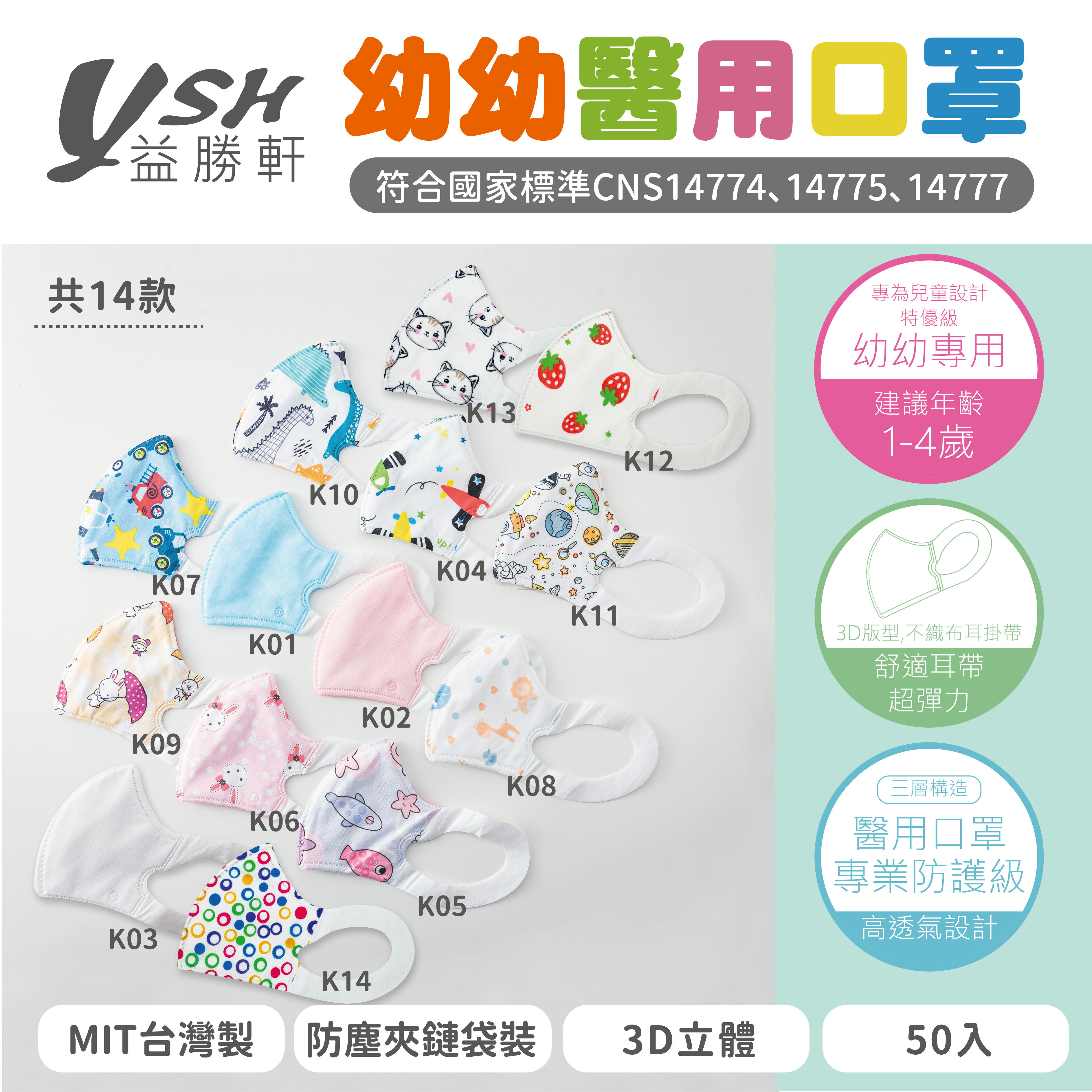 【快速出貨】益勝軒 幼幼3D立體醫療口罩  MIT台灣製 50入/盒  1~4歲  附防塵夾鏈袋包裝 0
