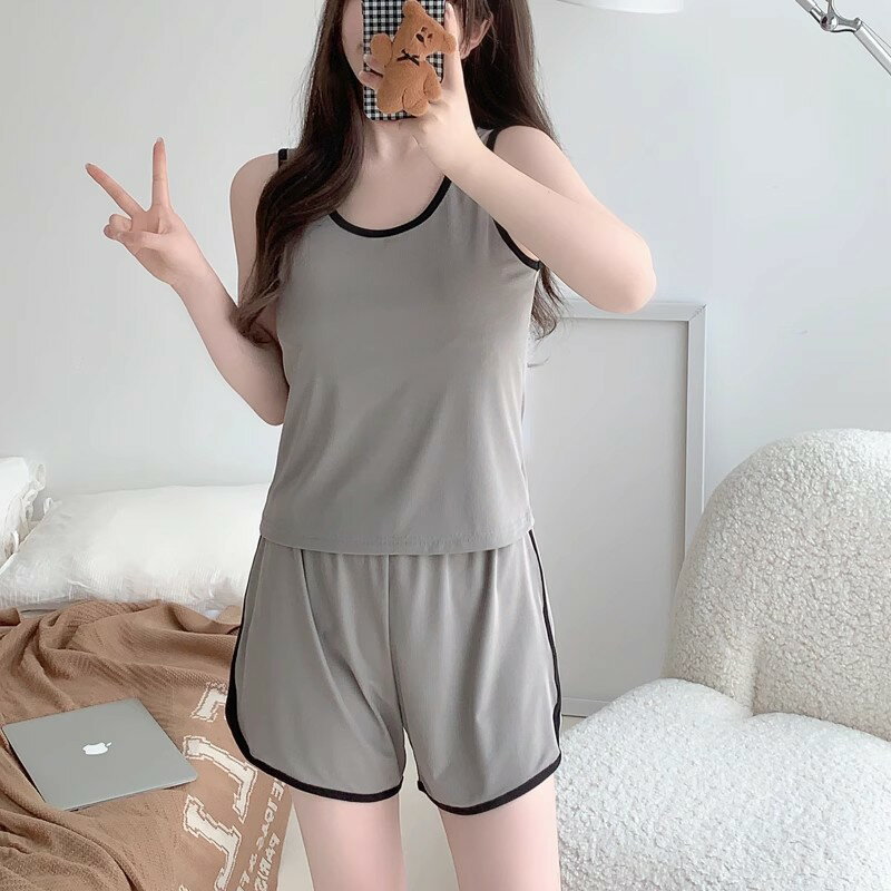 睡衣 灰色背心睡衣 女款夏季睡衣 帶胸墊 冰絲莫代爾睡衣套裝 運動套裝 夏天家居服 可外穿居家睡衣套裝【不二雜貨】