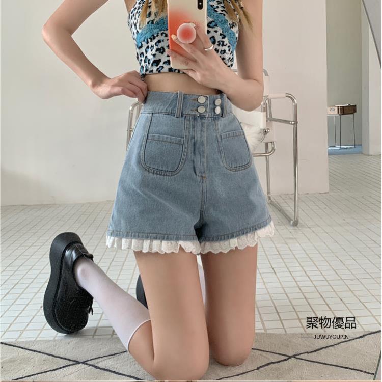 女生牛仔褲推薦，女生牛仔褲推薦-牛仔寬褲推薦到牛仔短褲女夏季寬鬆直筒闊腿褲高腰辣妹蕾絲花邊超熱褲子【聚物優品】