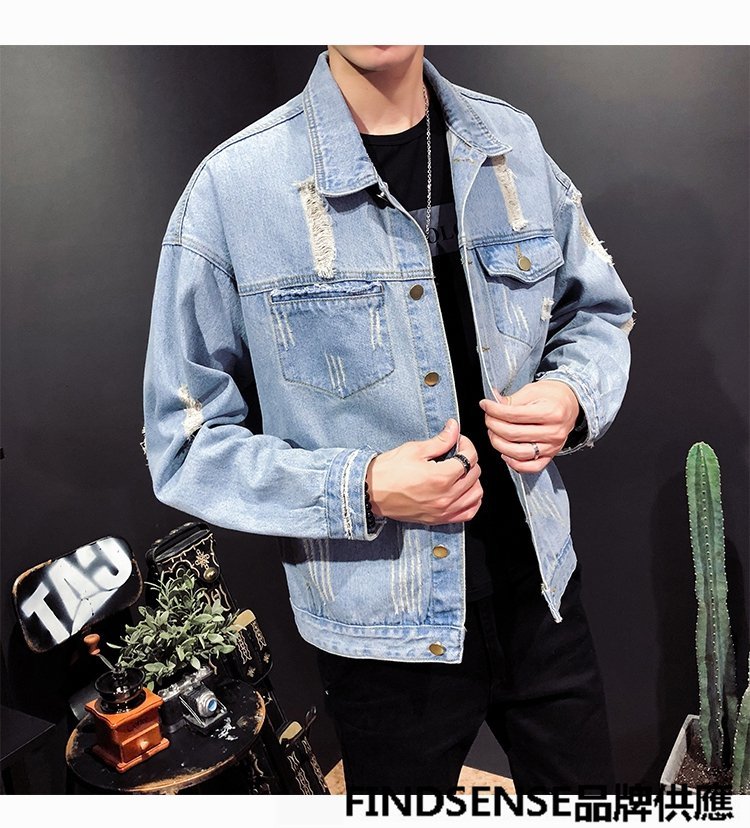 FINDSENSE品牌 秋冬款 新款 日本 男 個性 高品質 淺藍色 清新 大碼 帥氣 牛仔夾克外套 潮流上衣外套