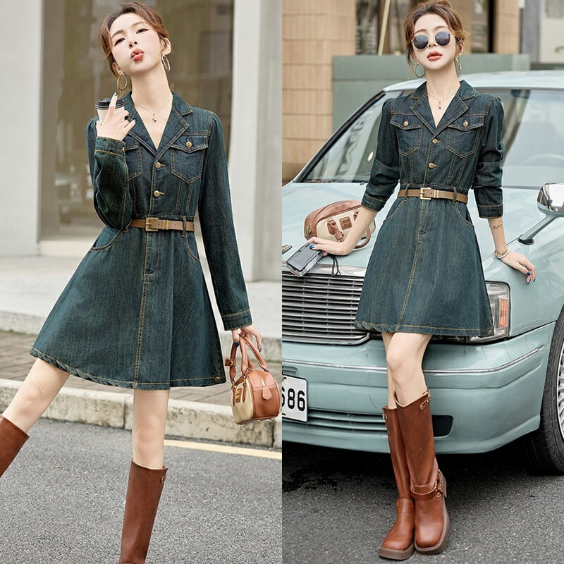 【巴黎精品】現貨+預購 韓風牛仔洋裝牛仔長裙丹寧套裝大碼休閒女裝-長袖復古A字牛仔連身裙a1ln52