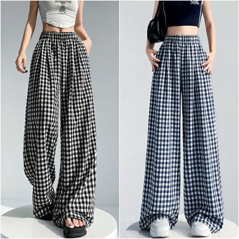 現貨+預購 女高腰冰絲長褲天絲寬褲顯瘦薄款垂感直筒褲休閒西裝褲-寬鬆復古格子3色74ls40【獨家進口】【米蘭精品】