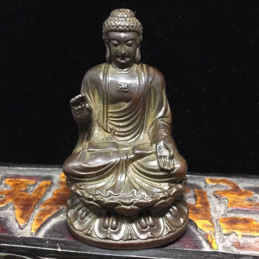 老銅佛純銅老黃銅釋迦牟尼阿彌陀佛像擺件居家佛堂用品小佛像收藏