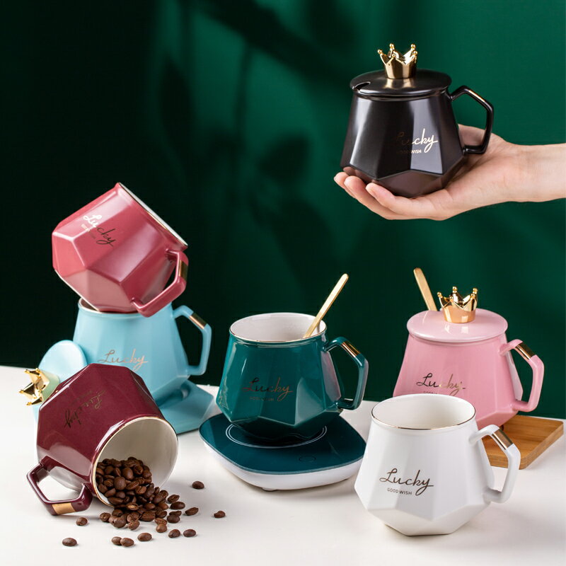 輕奢精致陶瓷日式咖啡杯皇冠帶蓋勺禮盒logo定制刻字情侶馬克水杯