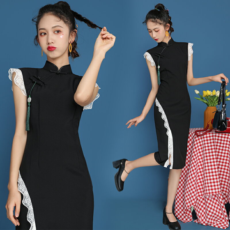 夏季日常旗袍款改良版黑色性感優雅年輕款少女中國風連衣裙女