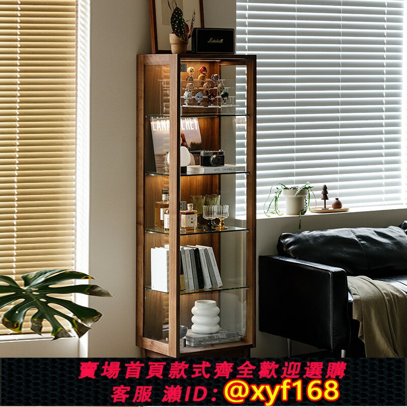 {臺灣公司貨 可打統編}北美黑胡桃木展示櫃實木酒櫃透明模型櫃玻璃陳列邊櫃靠墻手辦櫃子