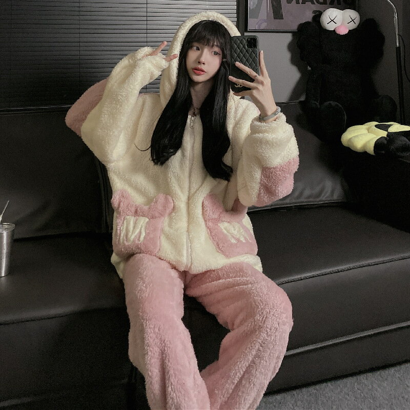 甜美少女珊瑚絨睡衣女連帽加厚加絨網紅爆款法蘭絨保暖家居服套裝