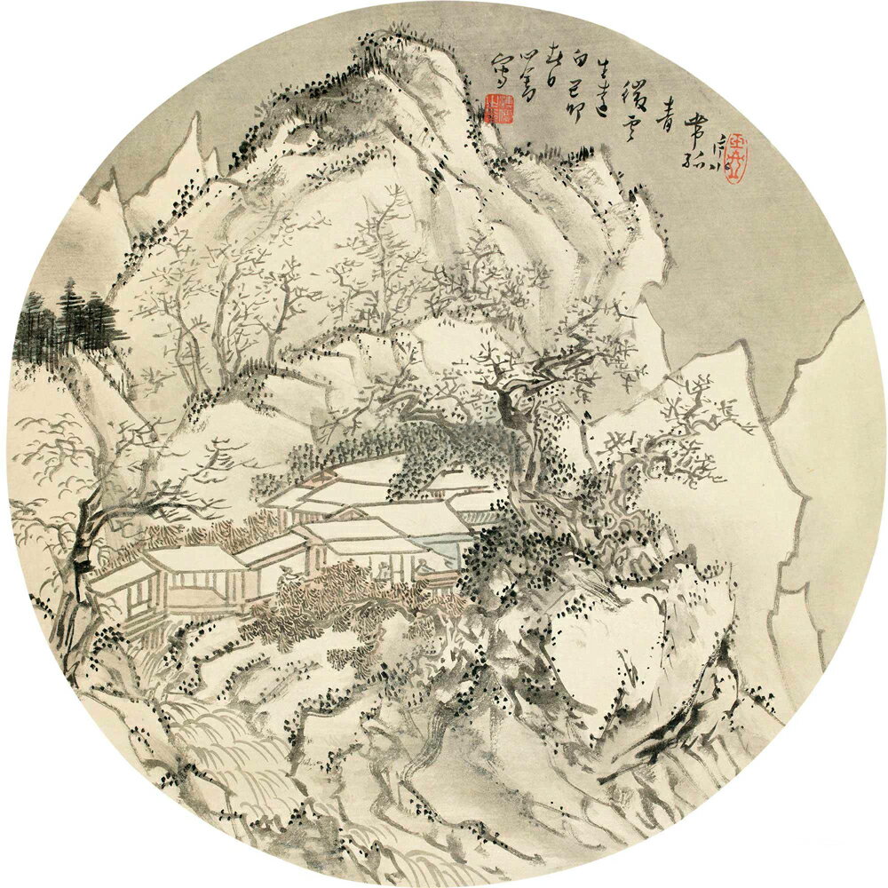 仿古畫復製品溥儒片水微雲圖30X30山水畫國畫名人字畫裝飾畫團扇