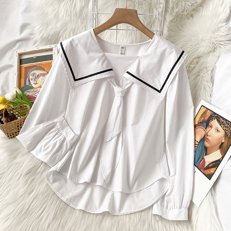 海軍領白色長袖襯衫女秋春新款設計感小眾洋氣百搭減齡學院風上衣