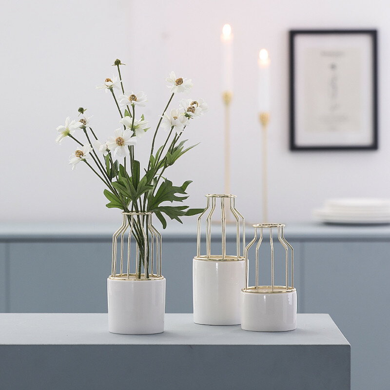 簡約北歐幾何鐵藝花器干花插花花瓶創意家居客廳餐桌假花裝飾擺件