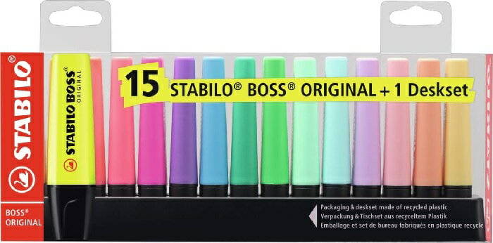 STABILO BOSS波士15色桌上經典(螢光色+馬卡龍色)展示組7015-01-5